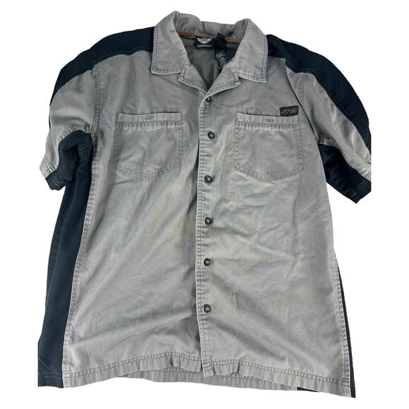 HARLEY-DAVIDSON Gray & Black Embroidered Vented Back Garage Shirt Men Sz L - Picture 2 of 4